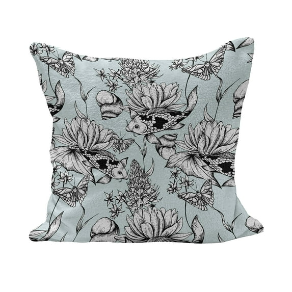 Shabby Flora Fluffy Throw Pillow Cushion Cover, Vintage Monochrome Pond Water Flowers Lily Carp Snail Twigs Art, Decorative Square Accent Pillow Case, 18" x 18", Pale Blue White Black, by Ambesonne