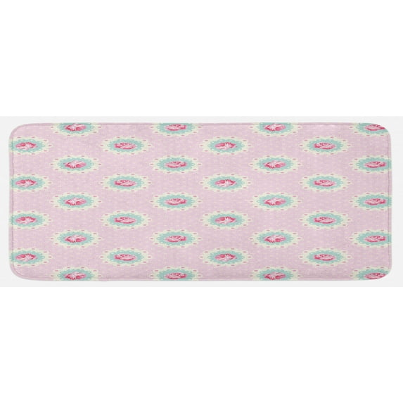 Shabby Flora Kitchen Mat, Retro Style Polka Dotted Backdrop and Floral Motifs Roses Cottage, Plush Decorative Kitchen Mat with Non Slip Backing, 47" X 19", Pale Pink Seafoam White, by Ambesonne