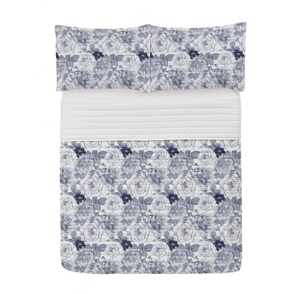 Shabby Flora Microfiber Bedspread Set, Garden Spring Roses Buds with Leaves Flowers Romantic Image Art, Soft Bedding Set with Pillow Shams & Comforter, 3 Sizes, Blue Grey and White, by Ambesonne