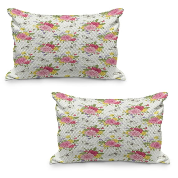 Shabby Flora Quilted Pillowcover Set of 2, Peonies Roses and Peas Bell Colorful Bouquet Butterflies Botany Garden, Standard Queen Size Pillow Cover for Bedroom, 30" x 20", Multicolor, by Ambesonne