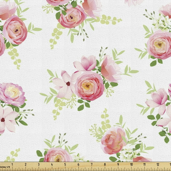 Ambesonne Nostalgic Fabric by the Yard Upholstery, Magnolia Fresh Buds, 3 Yards, Green Pink Off White