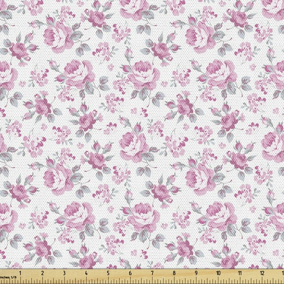 Ambesonne Shabby Flora Fabric by the Yard Upholstery, Pink Roses Spring, 3 Yards, Pale Pink White Grey
