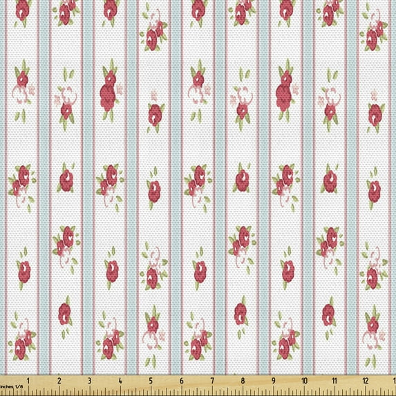 Shabby Flora Sofa Upholstery Fabric by the Yard, Vertical Borders Rose Blooms Cottage Country Cabin Design, Decorative Fabric for DIY & Home Accents, 3 Yards, Dark Coral Pale Blue by Ambesonne