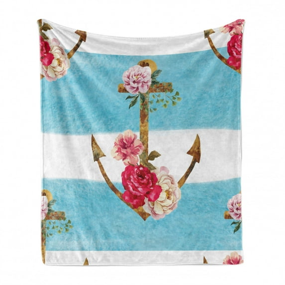 Shabby Flora Soft Flannel Fleece Blanket, Anchors with Romantic Peonies Roses Watercolor Artwork Bold Stripes Nautical, Cozy Plush for Indoor and Outdoor Use, 50" x 70", Multicolor, by Ambesonne