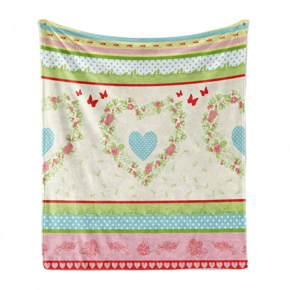 Shabby Flora Soft Flannel Fleece Blanket, Country Style Roses and Borders Butterflies Ants Heart Shapes and Polka Dots, Cozy Plush for Indoor and Outdoor Use, 60" x 80", Multicolor, by Ambesonne