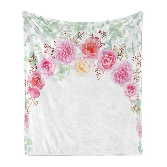 Shabby Flora Soft Flannel Fleece Blanket, Floral Wreath in Half Blossoming Romantic Bridal Roses Peonies Feminine Design, Cozy Plush for Indoor and Outdoor Use, 50" x 60", Multicolor, by Ambesonne