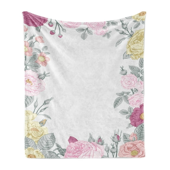 Shabby Flora Soft Flannel Fleece Blanket, Garden of Wild Roses Framework Vintage Style Colorful Botanical Illustration, Cozy Plush for Indoor and Outdoor Use, 50" x 60", Multicolor, by Ambesonne