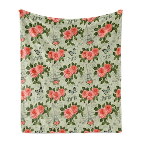 Shabby Flora Soft Flannel Fleece Blanket, Paris Lettering with Roses and Leaves Abstract Pale Blue Grey Backdrop, Cozy Plush for Indoor and Outdoor Use, 60" x 80", Salmon and Green, by Ambesonne