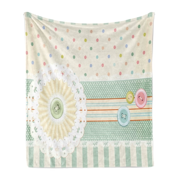 Shabby Flora Soft Flannel Fleece Blanket, Sewing Theme Border with Button Floral Patch Traditional Lace Like Dots Print, Cozy Plush for Indoor and Outdoor Use, 60" x 80", Multicolor, by Ambesonne