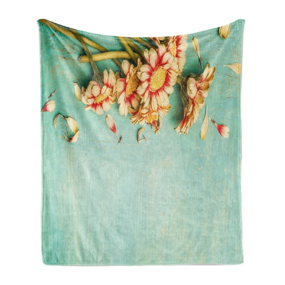 Shabby Flora Soft Flannel Fleece Throw Blanket, Bunch of Gerbera Flowers on a Turquoise Wooden Board Seasonal Nature Border, Cozy Plush for Indoor and Outdoor Use, 50" x 70", Multicolor, by Ambesonne