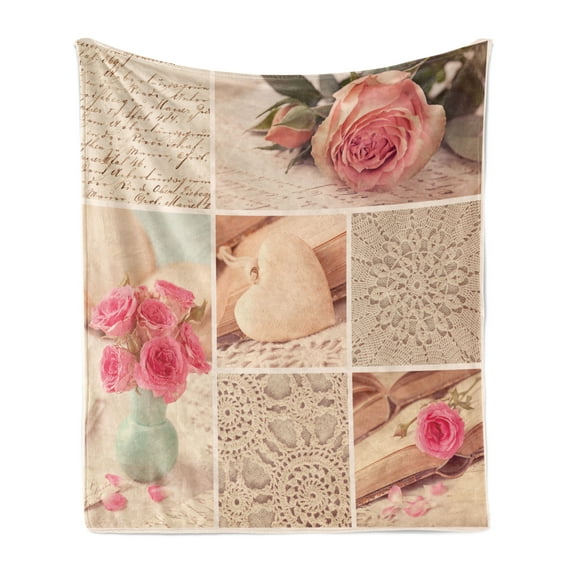 Shabby Flora Soft Flannel Fleece Throw Blanket, Collage Photos Lace Roses Flower Leaves Old Art Print, Cozy Plush for Indoor and Outdoor Use, 50" x 70", Forest Green Pale Pink, by Ambesonne