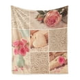 thumbnail image 1 of Shabby Flora Soft Flannel Fleece Throw Blanket, Collage Photos Lace Roses Flower Leaves Old Art Print, Cozy Plush for Indoor and Outdoor Use, 60" x 80", Forest Green Pale Pink, by Ambesonne, 1 of 5