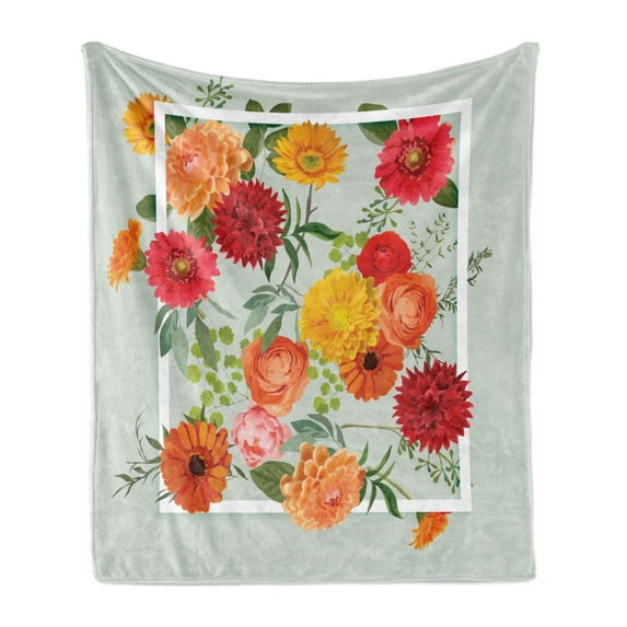 Shabby Flora Soft Flannel Fleece Throw Blanket, Floral Flowers Leaves Buds Frame Artwork Print, Cozy Plush for Indoor and Outdoor Use, 50" x 60", Dark Coral Mustard, by Ambesonne
