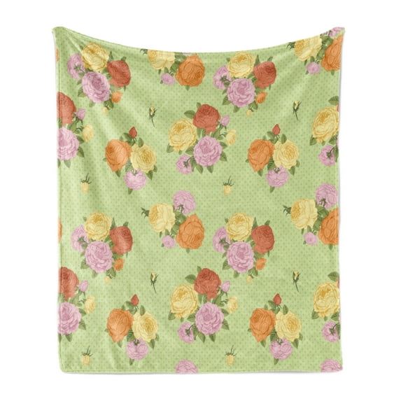 Shabby Flora Soft Flannel Fleece Throw Blanket, Flower Bouquets Vintage Roses on Dotted Background Print Art, Cozy Plush for Indoor and Outdoor Use, 50" x 60", Pale Green Pale Pink, by Ambesonne