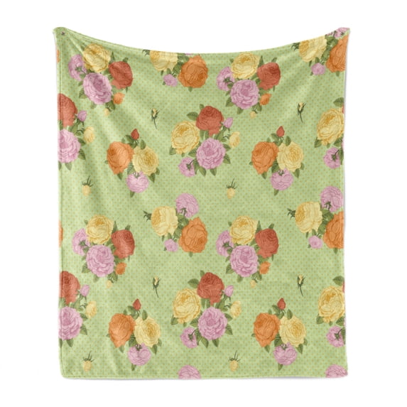 Shabby Flora Soft Flannel Fleece Throw Blanket, Flower Bouquets Vintage Roses on Dotted Background Print Art, Cozy Plush for Indoor and Outdoor Use, 60" x 80", Pale Green Pale Pink, by Ambesonne