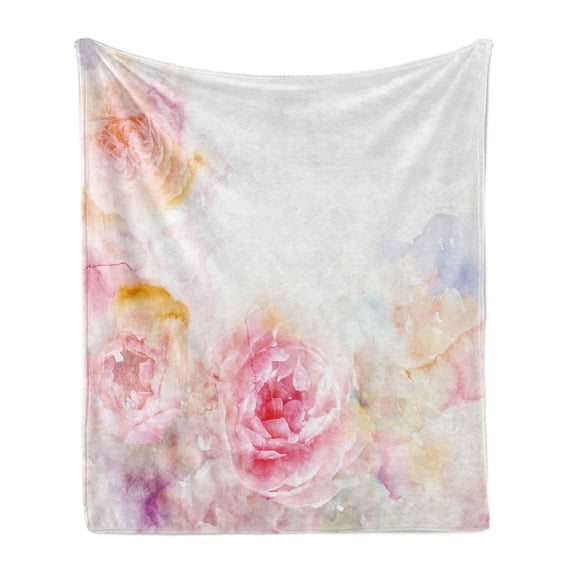 Shabby Flora Soft Flannel Fleece Throw Blanket, Nature Garden Romantic Victorian Flowers Roses Leaves Image, Cozy Plush for Indoor and Outdoor Use, 70" x 90", Pale Pink Hot Pink, by Ambesonne