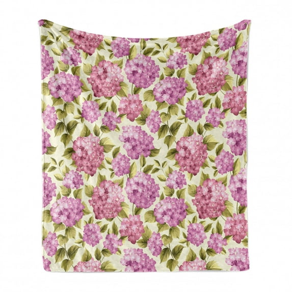 Shabby Flora Soft Flannel Fleece Throw Blanket, Organze Rose Like Flower with Leaves Branches Image, Cozy Plush for Indoor and Outdoor Use, 50" x 70", Pale Green Baby Pink, by Ambesonne