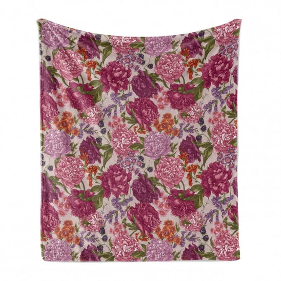 Shabby Flora Soft Flannel Fleece Throw Blanket, Peonies Blackberry and Wild Flowers in Vintage Style Colorful Nature Theme, Cozy Plush for Indoor and Outdoor Use, 50" x 60", Multicolor, by Ambesonne