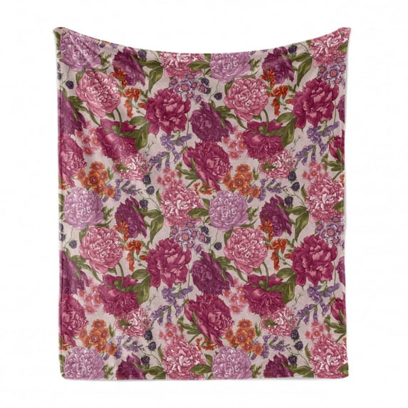 Shabby Flora Soft Flannel Fleece Throw Blanket, Peonies Blackberry and Wild Flowers in Vintage Style Colorful Nature Theme, Cozy Plush for Indoor and Outdoor Use, 50" x 60", Multicolor, by Ambesonne
