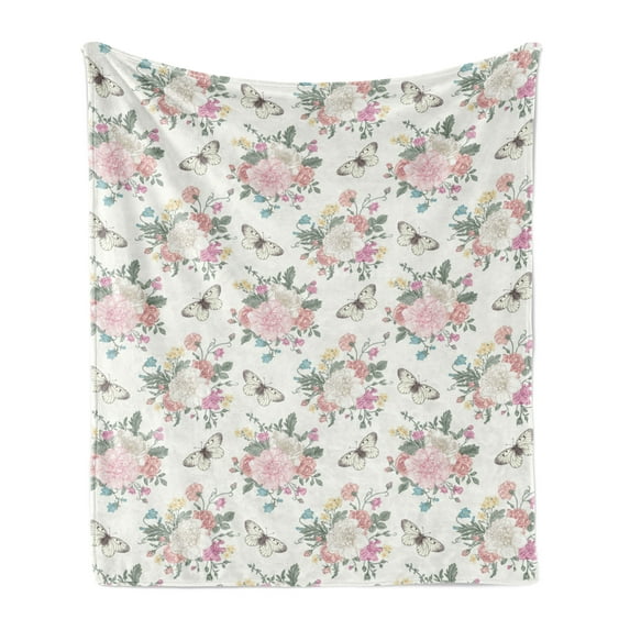 Shabby Flora Soft Flannel Fleece Throw Blanket, Peonies Peas Roses Bouquet Butterflies Pastel Tones Bridal Theme, Cozy Plush for Indoor and Outdoor Use, 70" x 90", Pale Pink Green, by Ambesonne