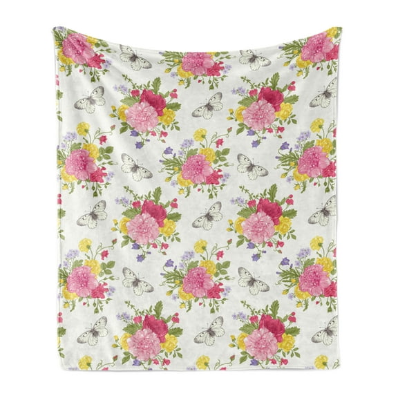 Shabby Flora Soft Flannel Fleece Throw Blanket, Peonies Roses and Peas Bell Colorful Bouquet Butterflies Botany Garden, Cozy Plush for Indoor and Outdoor Use, 50" x 60", Multicolor, by Ambesonne