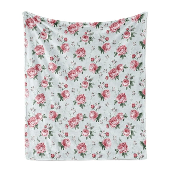 Shabby Flora Soft Flannel Fleece Throw Blanket, Romantic Spring Summer Flowers Garden Roses with Leaves Artwork, Cozy Plush for Indoor and Outdoor Use, 60" x 80", Almond Green Pale Pink, by Ambesonne
