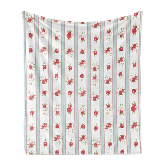 Shabby Flora Soft Flannel Fleece Throw Blanket, Vertical Borders Rose Blooms Cottage Country Cabin Design, Cozy Plush for Indoor and Outdoor Use, 50" x 70", Dark Coral Baby Blue, by Ambesonne
