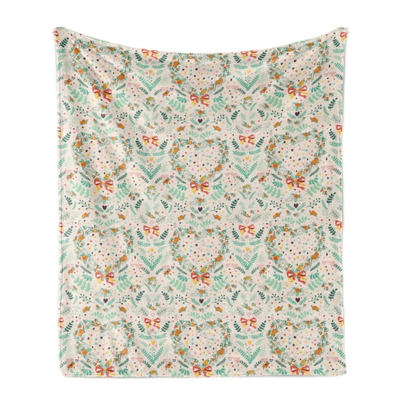 Shabby Flora Soft Flannel Fleece Throw Blanket, Vintage Country Style Ornaments with Heart Flowers Ribbon Illustration, Cozy Plush for Indoor and Outdoor Use, 50" x 60", Beige Mint, by Ambesonne