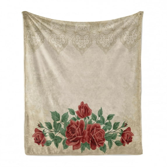 Shabby Flora Soft Flannel Fleece Throw Blanket, Vintage Glamour Background Red Rose Love and Attraction Delicacy, Cozy Plush for Indoor and Outdoor Use, 60" x 80", Beige Green, by Ambesonne