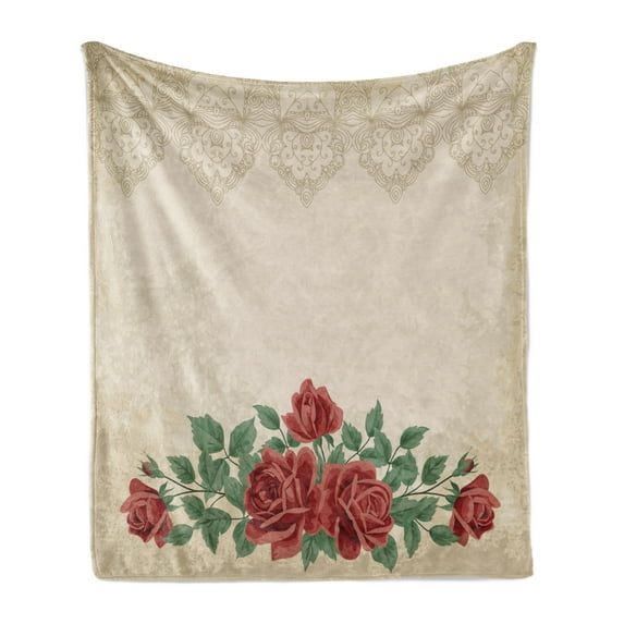 Shabby Flora Soft Flannel Fleece Throw Blanket, Vintage Glamour Background Red Rose Love and Attraction Delicacy, Cozy Plush for Indoor and Outdoor Use, 70" x 90", Beige Green, by Ambesonne