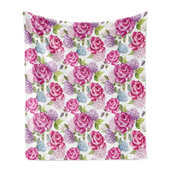 Shabby Flora Soft Flannel Fleece Throw Blanket, Watercolor Abstract Lavenders Leaves Buds Artwork Print, Cozy Plush for Indoor and Outdoor Use, 70" x 90", Pale Green Hot Pink, by Ambesonne