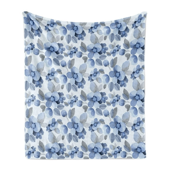 Shabby Flora Soft Flannel Fleece Throw Blanket, Watercolor Paintbrush Camellia Petals Perennial Romance Sprout Feminine Print, Cozy Plush for Indoor and Outdoor Use, 60" x 80", Blue, by Ambesonne