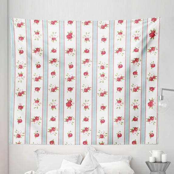Shabby Flora Tapestry, Vertical Borders Rose Blooms Cottage Country Cabin Design, Fabric Wall Hanging Decor for Bedroom Living Room Dorm, 5 Sizes, Dark Coral Pale Blue, by Ambesonne
