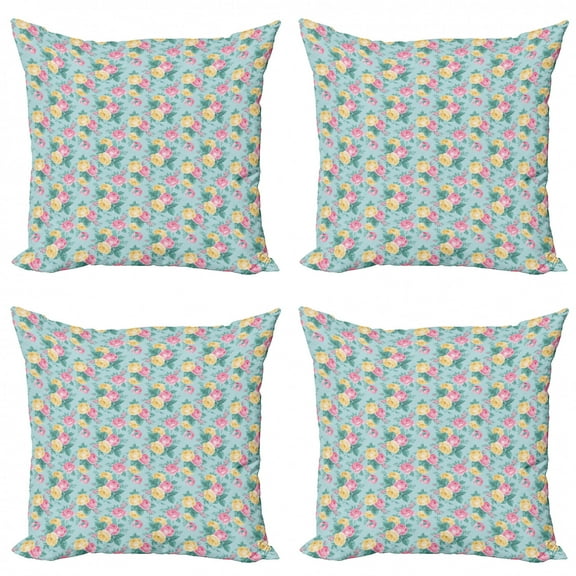 Ambesonne Shabby Flora Throw Pillow Cover 4 Pack, Summer Roses Bridal, 20", Turquoise Pale Pink