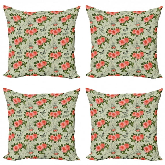 Ambesonne Romantic Throw Pillow Cover 4 Pack, Paris Themed Flowers, 16", Salmon and Green