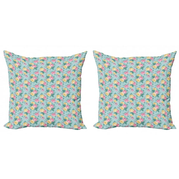 Ambesonne Shabby Flora Throw Pillow Cover 2 Pack, Summer Roses Bridal, 24", Turquoise Pale Pink