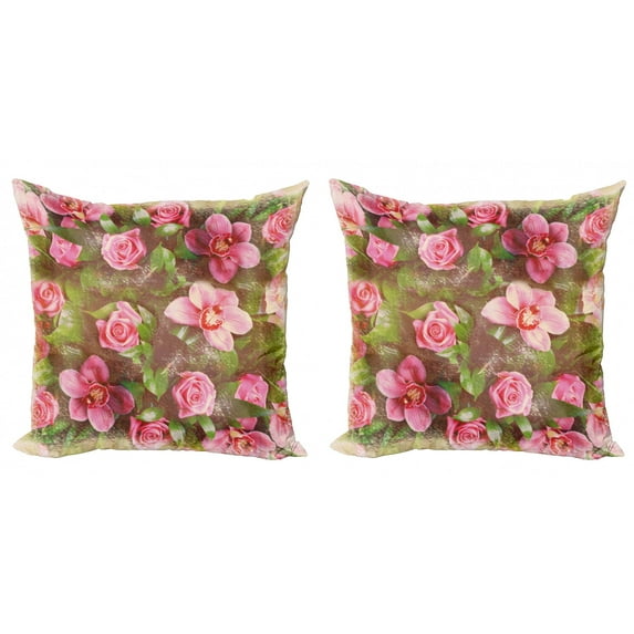 Ambesonne Shabby Flora Throw Pillow Cover 2 Pack, Retro Flora Romance, 24", Green Pink Pale Pink