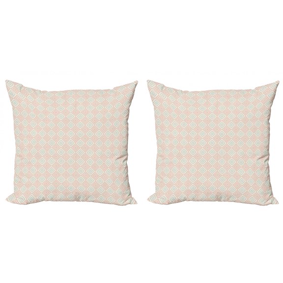 Ambesonne Shabby Flora Throw Pillow Cover 2 Pack, Diamond Line Tile, 16", Peach Coral Pale Blue