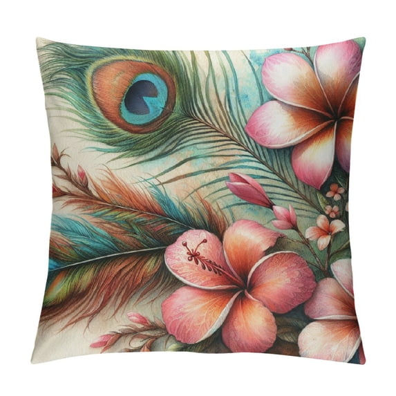Shabby Flora Throw Pillow Cushion Cover, Watercolor Style Peony Anemone Flowers Peacock Feather and Beads Image, Decorative Rectangle Accent Pillow Case,