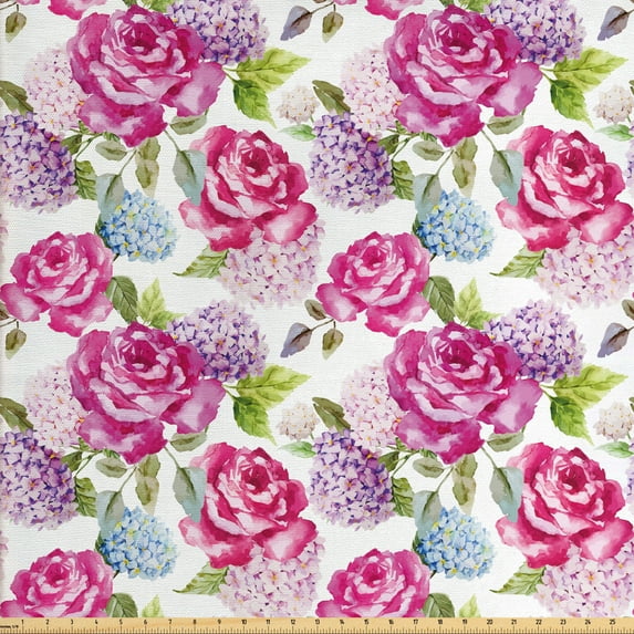 Ambesonne Abstract Fabric by the Yard Upholstery, Watercolor Lavenders, 2 Yards, Pale Green Hot Pink