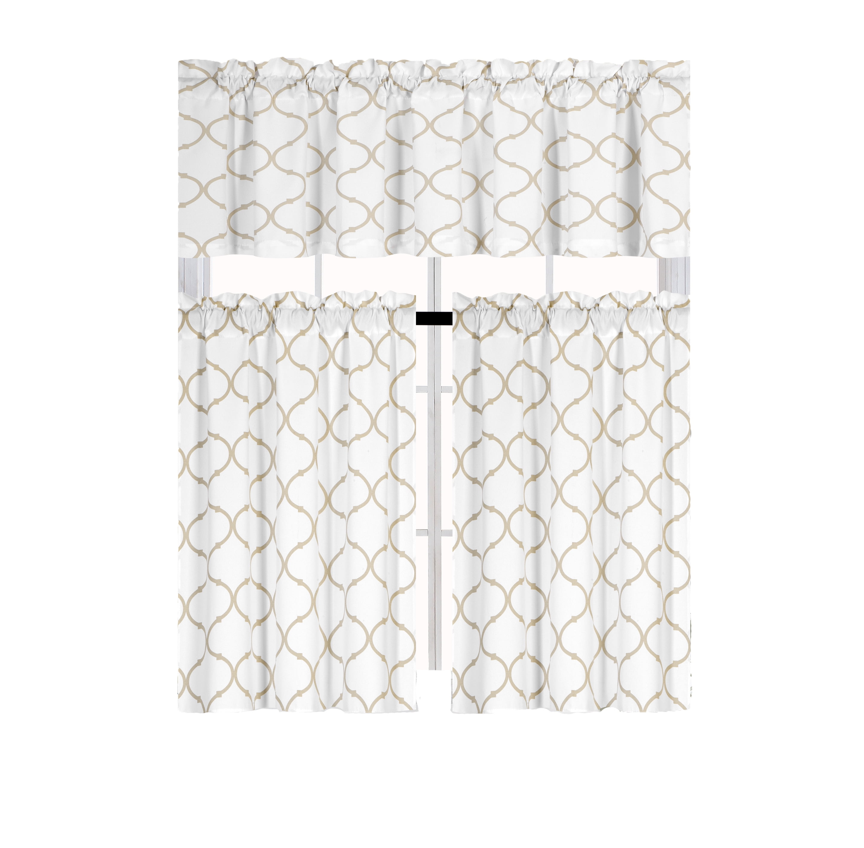 Shabby Lattice Cotton Blend Kitchen Curtain Tier &amp; Valance Set - Linen