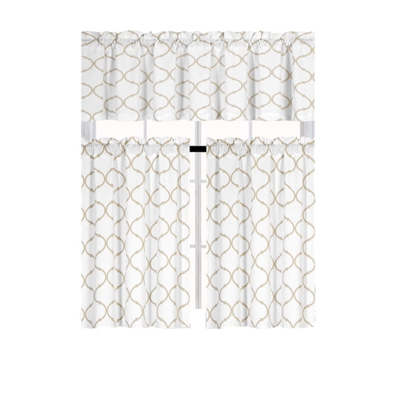 Shabby Lattice Cotton Blend Kitchen Curtain Tier &amp; Valance Set - Linen