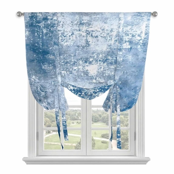 Shabby Navy Blue Tie Up Curtains for Kitchen Windows,Adjustable Rod Pocket Valance 45 Inch Short, Oil Painting Vintage Art Blue White Window Treatment Balloon Roman Blind Shade, 42" x 45"