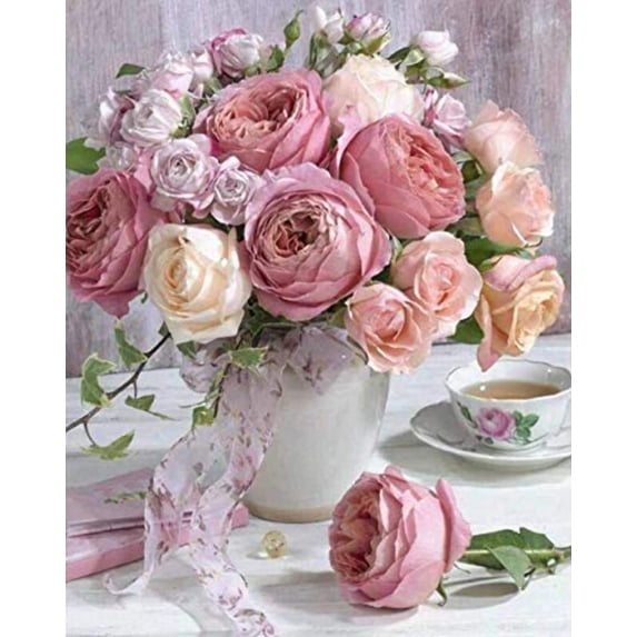 Shabby Pink White Roses in Vase Diamond Painting Kit for Adults Kids, 5D Full Drill Round