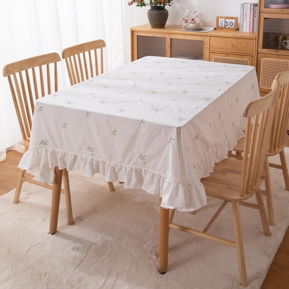 Shabby Ruffle Tablecloth Farmhouse Embroidery Floral White Table Cover for Kitchen Dining Party-60 x70