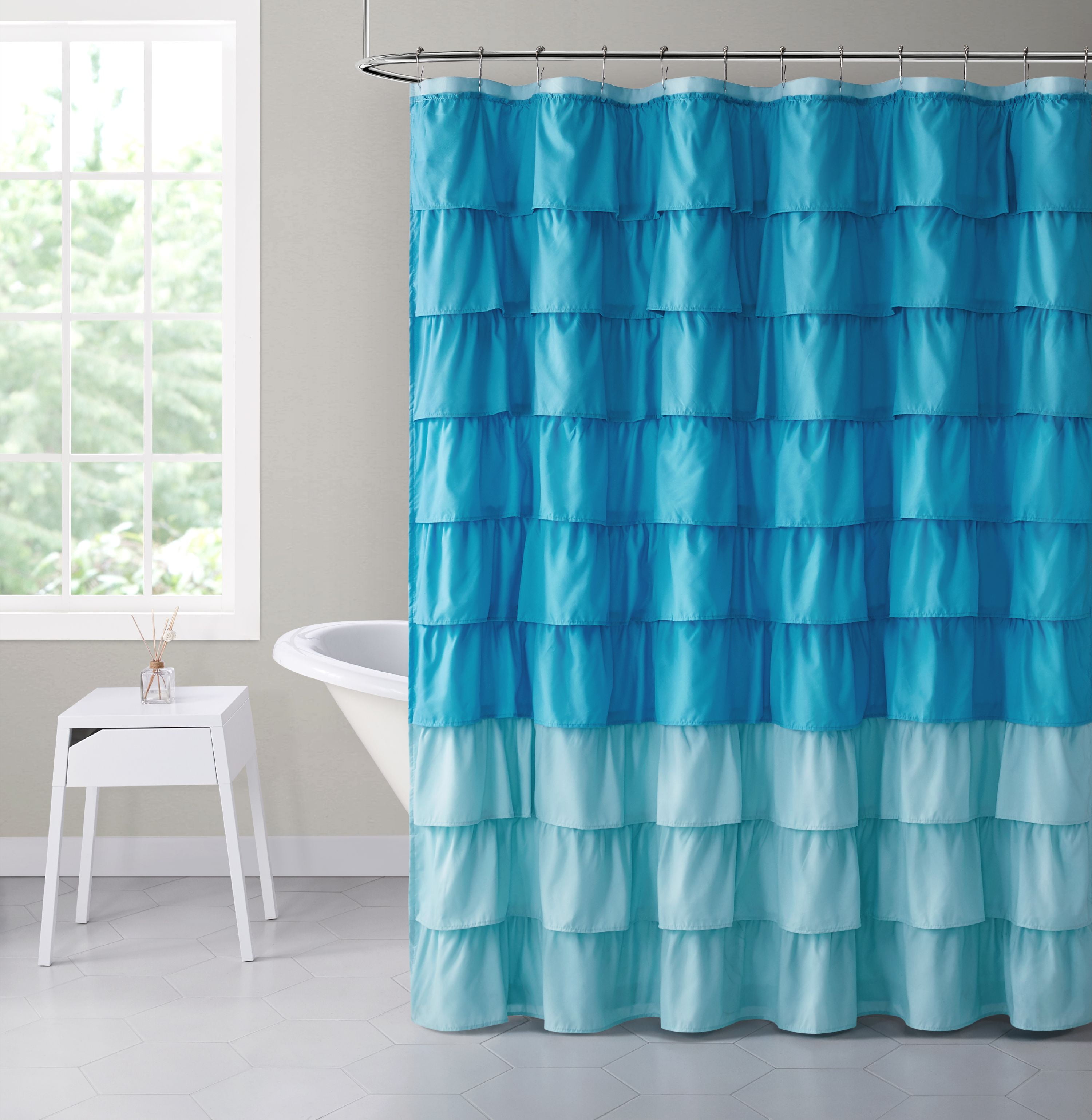 Shabby Ruffled Fabric Shower Curtain - Aqua