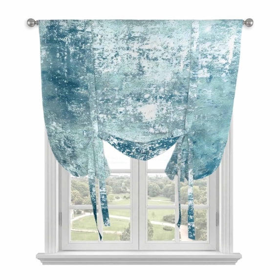 Shabby Teal Blue Tie Up Curtains for Kitchen Windows,Adjustable Rod Pocket Valance 45 Inch Short, Oil Painting Vintage Art Blue White Window Treatment Balloon Roman Blind Shade, 42" x 45"