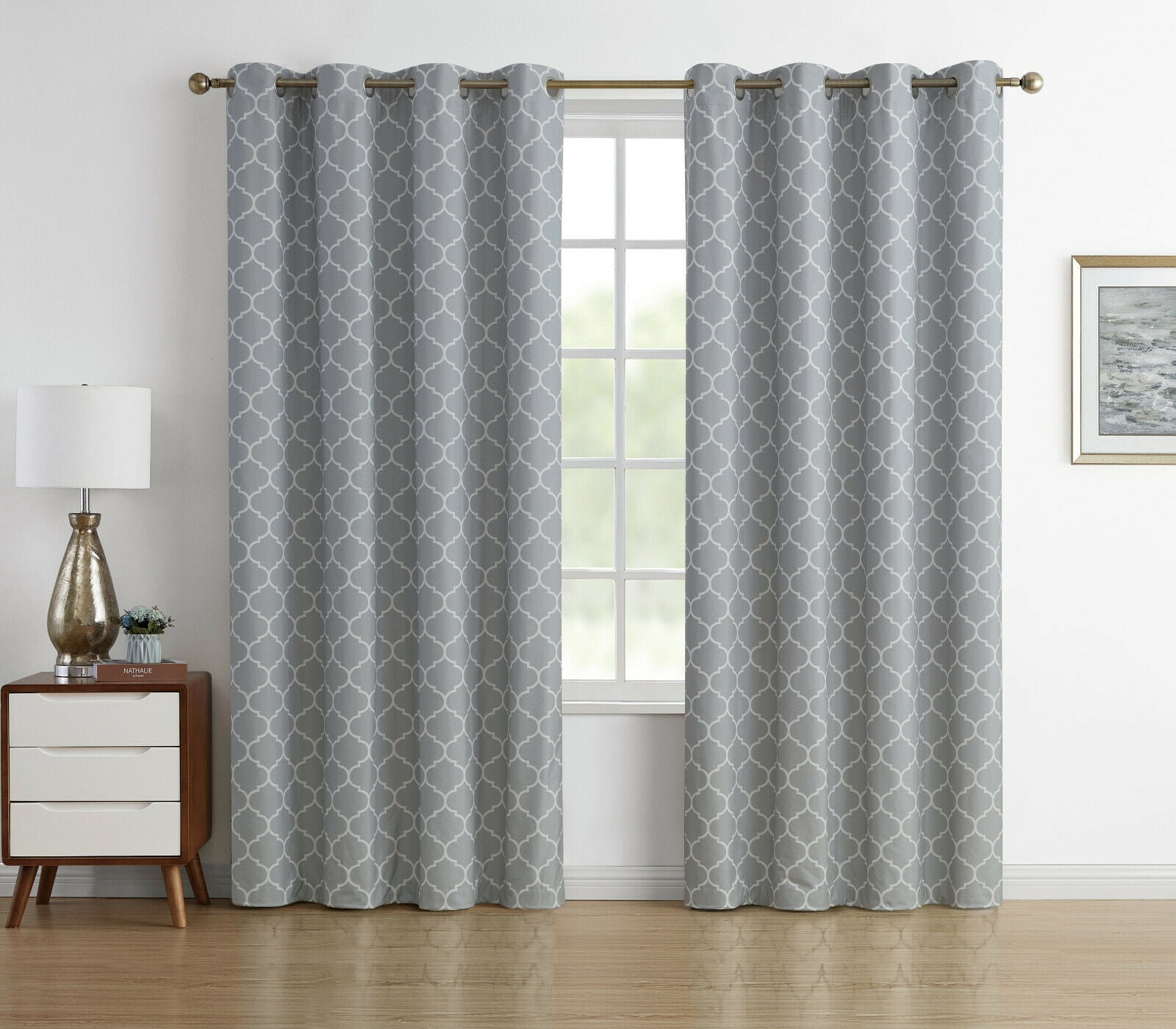 Shabby Trellis 2 Pack 100% Max Blackout Thermal Trellis Grommet Top Curtains - 96 in. Long, Gray