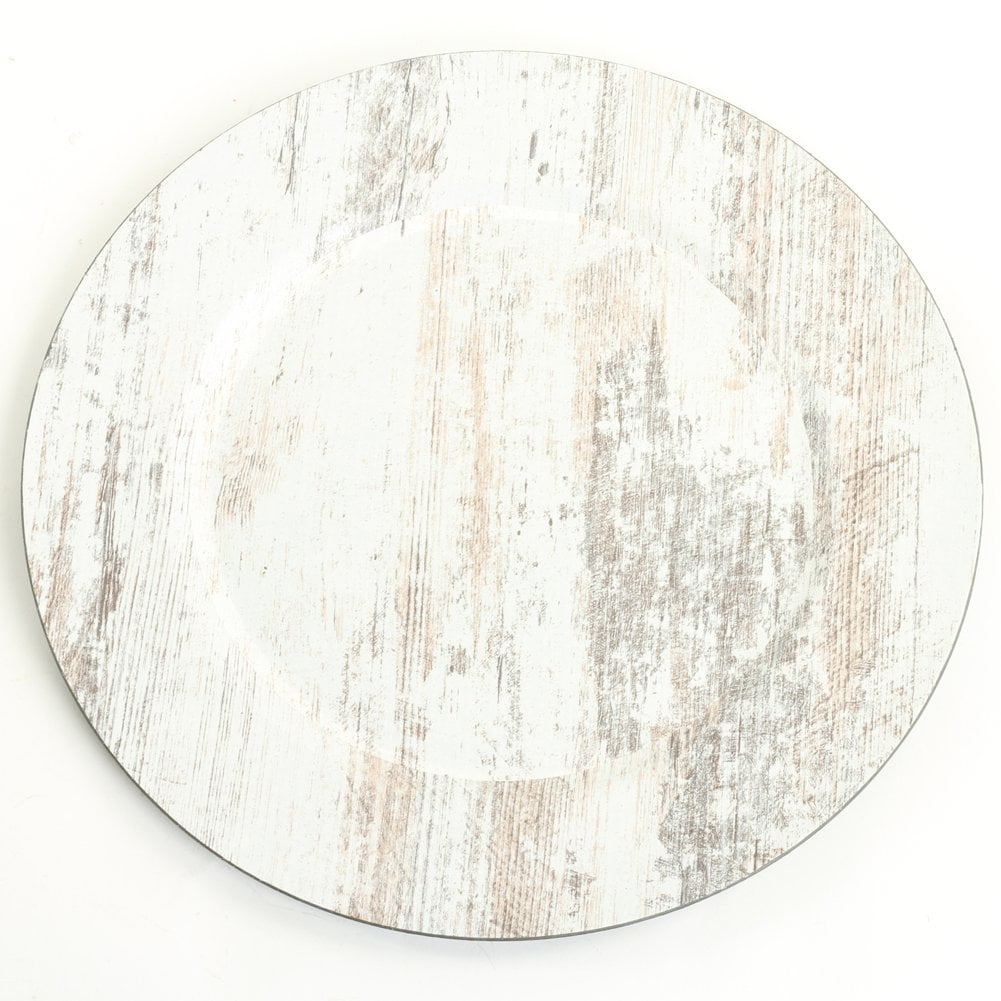 Shabby White Faux Wood Round Charger Plates, 15" Diameter, Set of 4