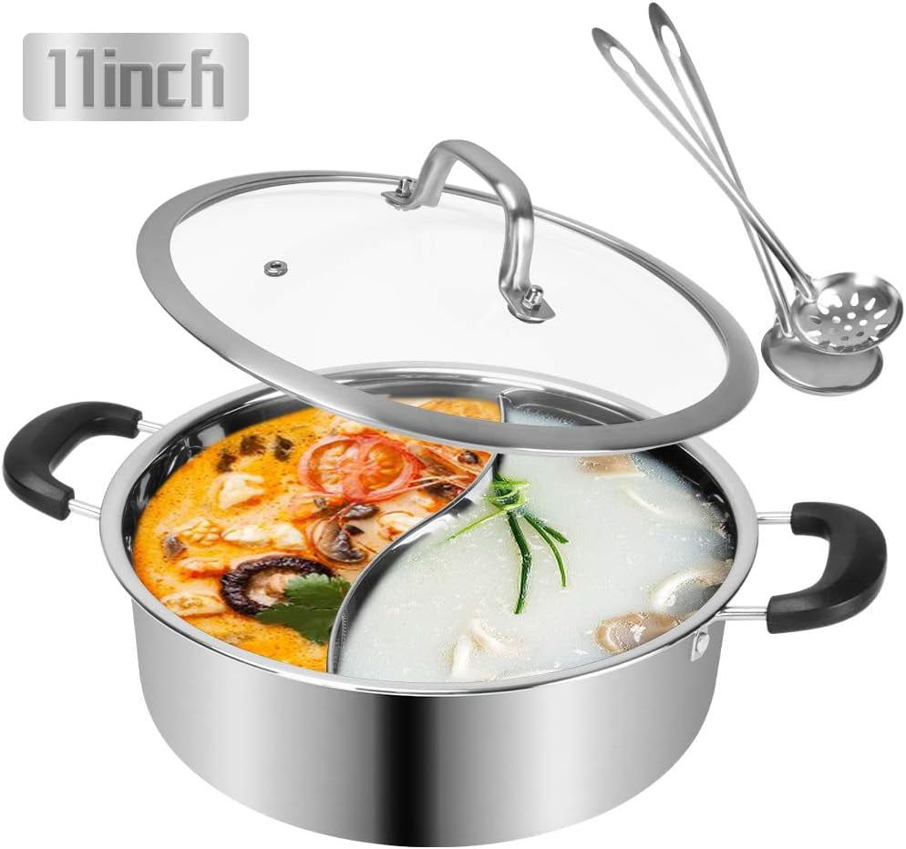11-Inch Stainless Steel Dual Sided Hot Pot with Glass Lid